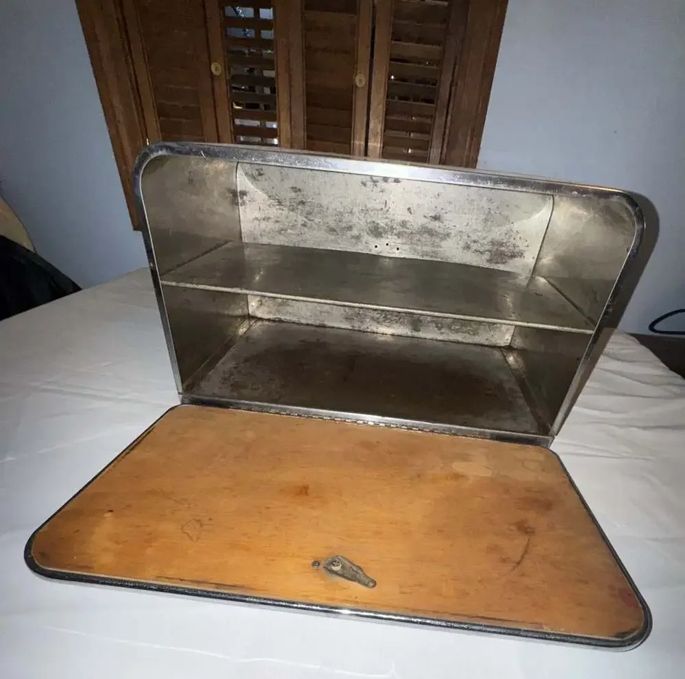 Vintage Pantry Queen Chrome Bread Box w/ Wooden Cutting Board Lid and Shelf
